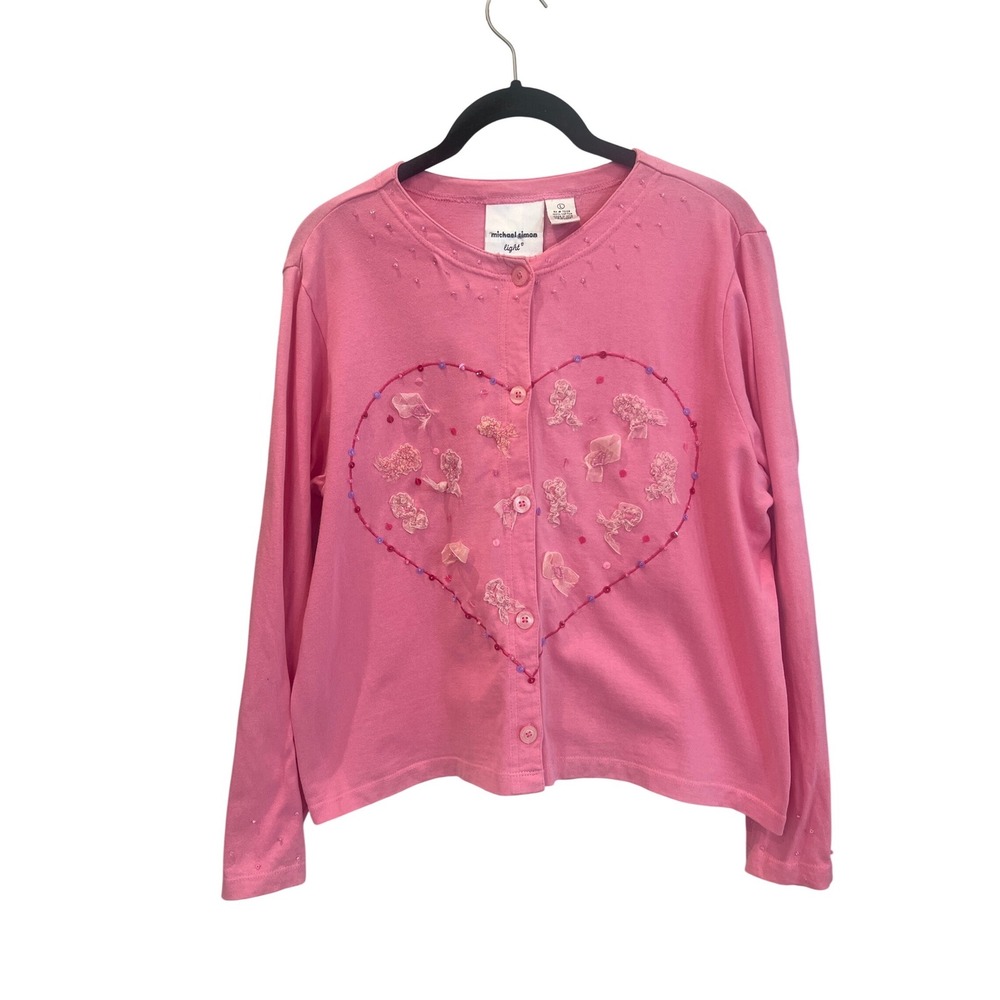 Michael Simon Light Pink Beaded Heart Ribbon Bow Cardigan Sweater Womens Largeโ